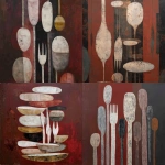 **oil painting stacked abstract plates and elongated fork shapes floating vertically, minimalistic mask-like ovals, geometric silhouettes, rough matte texture, muted whites and dusty grays against a dark earthy red background, thin expressive contour lines, ritualistic composition, slow movement, Peggy Kuiper inspired** - <@1247660892770795582> (fast)
-# Create, explore, and organize on [midjourney.com](<https://midjourney.com/imagine?from_discord=1>)