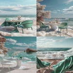 **A beachside dining setup with:: three chairs:: and a table set for an evening meal, overlooking the Baltic Sea in the summer, in soft pastel colors. The scene includes people strolling on the nearby sandy beaches, boats sailing along the water's edge to the horizon. A vase of flowers sits atop one of the chairs, adding to the romantic ambiance. In the style of digital art, flat illustration, detailed, vector, high resolution, masterpiece, soft lighting, minimalistic, plain polar vortex background. --sref <https://s.mj.run/uBEmoaVfXaw> --ar 3:5 --v 6.1** - <@1104724558256279573> (fast)