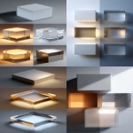 **Material study layout showing four squares: opaque matte surface, translucent frosted material, transparent clear acrylic, reflective metallic finish, each lit from behind to show different light behaviors --ar 1:2** - <@794327127260266516> (fast)
-# Create, explore, and organize on [midjourney.com](<https://midjourney.com/imagine?from_discord=1>)