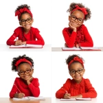 **A cute young Black American girl child wearing glasses and a red outfit with a matching headband, sitting at a school desk, smiling while writing in a notebook, isolated on a white background, cheerful and focused student scene in white background. --raw --v 7.0** - <@924967683852746793> (relaxed)