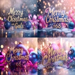 **"Merry Christmas ‘68 Gals" message in elegant gold and royal blue calligraphy, surrounded by glowing blue ornaments, violet ribbons, and pink fairy lights, soft snow falling, warm pink candlelight reflection on frosty glass background. Created Using: Canon EOS R5, festive typography, cinematic holiday lighting, bokeh background, reflective surfaces, lens flare, color harmony design, 4K render quality, hd quality, natural look --ar 4:3 --v 6.1** - <@1327691479602298971> (fast, stealth)