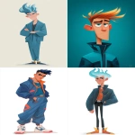 **À cartoon character . A handsome teenage male since 18 and 20 years , with flams hair with a blue combinaison . He look like a super vilain --ar 3:5** - <@409716268476923920> (fast)