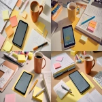 **a photograph of an iphone on a clean work desk in the office with a binder full of papers on the desk, a notepad and pen, stationery. two post-its on the wall. a half-drank coffee mug. the phone should take up about half the visual space. the photography style is colourful and editorial, colour palette should be warm and inviting. <https://s.mj.run/dF8N_y-B2KE> --ar 16:9 --v 7.0** - <@676493813367177236> (fast)