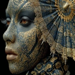 **black light elegant creative carnival deviant art, face, beautiful brown eyes, golden lizard skin, parasol, black background --s 750 --ar 4:3** - Image #2 <@1128543579556565043>