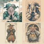 **Tarot card illustration. A plump jester in motley clothing, both hands pressed to the sides of his face in a wide-eyed gasp, as if shocked or struck with sudden realization. His expression is dramatic, caught between comedy and tragedy. Background is minimalistic, surreal, and symbolic, with faint esoteric patterns framing the card. The style is dreamlike, mystical, and simple, resembling traditional tarot card art with bold outlines and flat, symbolic colors.** - <@189255832385486848> (fast)