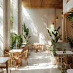**A minimalist tropical restaurant design, seamless indoor-outdoor flow, white concrete walls, warm wood slats, lush indoor plants, rattan furniture, soft natural sunlight, serene atmosphere, architectural visualization --ar 3:2 --v 6.0** - Image #3 <@1296729788215595112>
