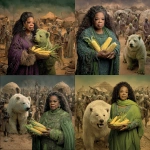 **Oprah Winfrey and a green bear holding corn in the zombie apocalypse in Africa with mud huts and zombie African villagers** - Remix (Strong) by <@846201883139375114> (turbo)