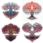 **a heart-shaped tree with dark roots, a symmetrical design, and a white background. this fantasy-style tattoo artwork has an art nouveau aesthetic, with red and orange colors creating a magical atmosphere. it could be used as concept art for a game cover, showcasing the fantasy art style through an ink drawing. the high-resolution, high-detail, and hyper-realistic image could be used as a clipart asset with a white background. --ar 45:64** - <@1371932184197206056> (fast)