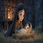 **Natividad del Señor ambientada estrictamente en el siglo I en Judea, ilustración digital con influencias claras de storybook art y animación 2D moderna. El Niño Jesús es el centro absoluto de la escena: recién nacido, envuelto en lienzos de lino sin teñir, color blanco crudo, acostado en un pesebre de madera rústica lleno de paja. Su presencia es sencilla y humilde, iluminada por una luz cálida y suave. La Virgen María es una joven mujer judía del siglo I, de rasgos delicados y expresión serena. Su cabello oscuro está completamente cubierto por un manto largo y sencillo, sin bordados ni adornos. Viste una túnica recta de lino, en tonos naturales apagados como azul grisáceo o marrón claro, sin costuras visibles ni detalles modernos. Calza sandalias simples de cuero o aparece descalza. Su postura es recogida y maternal, inclinada hacia el Niño. San José es un hombre adulto judío del siglo I, con barba espesa y cabello corto. Viste una túnica humilde de lana o lino grueso, en tonos terrosos como ocre, marrón o gris, ceñida con un cinturón de cuerda. Lleva un manto sencillo sobre los hombros, sin decoración. Su aspecto es el de un trabajador humilde, protector y silencioso. El entorno es un establo austero del siglo I: muros de piedra sin labrar, vigas de madera, techo de paja, sin elementos arquitectónicos posteriores. Burro y ovejas aparecen en calma, al fondo o en los laterales, sin protagonismo. Paleta de colores cálidos y naturales, iluminación suave centrada en el pesebre, composición limpia y clara, personajes bien proporcionados, sin saturación visual ni anacronismos. --ar 16:9 --v 7.0 --chaos 10** - Image #1 <@1087600289290403840>