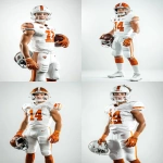 **<https://s.mj.run/pKOnu8uzZW4> high-key bright white background sports portrait of a 14-year-old American football player in full pads, shown from head to thigh in a strong upright stance, holding his helmet naturally by his side with one hand, looking powerfully toward the camera with intensity, clean white jersey with burnt orange numbers and details, burnt orange accents on gloves, pants stripes, and helmet, detailed athletic uniform with crisp textures, modern gloves and gear, dramatic clean studio lighting with glowing highlights and sharp contrast similar to professional team media day photos, cinematic sports photography style, ultra-detailed, vibrant and realistic, professional sports portrait composition --ar 2:3 --v 6.1** - Variations (Strong) by <@1007029574430892245> (fast)