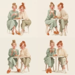 **Vector. Realistic style. Two adult girls sitting at a round table with a cup of tea and a plate of apples, the first with light blond hair tied in a low bun, in a mint dress and orange shoes, holding a hot cup of tea, the second with loose reddish hair, in a light sweater and pants; semi-realistic faces they smile, an atmosphere of lightness, sincerity and friendly warmth without background --s 150 --q 4 --sref <https://s.mj.run/5ndvjkOsR6o>** - Variations (Strong) by <@1391726384128200735> (fast)