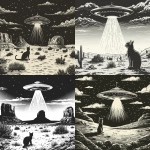 **UFO abducting a cat in the desert, vector black and white illustration, simple lines, no shading detail, high contrast, clean background, white background, no color, clip art style, screen print, woodcut --ar 128:117 --v 6.0 --s 250** - <@756269320539209761> (fast)