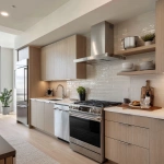 **interior design of a model unit showing the kitchen area. linear layout. all stainless appliances. chimney type range hood. stainless steel countertop with oak cabinets, silver pots and whisk hanging from the wall --v 7.0** - Image #3 <@1231814052913877045>