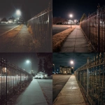 **POV walking on a city sidewalk by a wrought iron fence on the right, on the other side of the fence is an expansive empty parking lot, in the middle of the parking lot is a residential home, the city is pitch black at night** - <@617438927111979019> (fast)