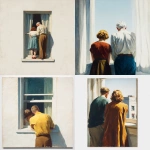 **Realistic painting by edward hopper, front view, fuul body of a two parents looking down from a window, White background, PNG, cutou** - <@1239424274461229137> (fast)
-# Create, explore, and organize on [midjourney.com](<https://midjourney.com/imagine?from_discord=1>)