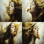 **exquisitely surreal and ominous painting by Taras Loboda + Annick Bouvattier + Yoann Lossel Of honey woman with yellow honeycomb tongue, in the style of oil paintings, intimate portraits , photo-realistic compositions, raw emotions, i can't believe how beautiful this is, gold, uncanny juxtapositions --chaos 30 --ar 7:4 --v 6.1 --s 888 --weird 333** - Variations (Strong) by <@1038536641180094535> (relaxed)