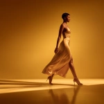 **A powerful fashion editorial image of a confident woman walking gracefully across a smooth, minimal golden-yellow gradient background. She wears a flowing, satin high-slit dress in champagne or ivory tones, paired with stylish high heels. The lighting is dramatic and cinematic, casting soft shadows on the ground. The setting is studio-lit, ultra-clean, with a fashion-forward, luxury tone. Shot in full-body, side profile, high resolution, editorial style, Vogue aesthetic. --v 7.0** - Upscaled by <@1323594991586770995> (relaxed)