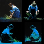 **simple painting of a school girl gardening crouching down, facing front on, black background, backlit blue and green --v 7.0** - <@696956474584334417> (fast)