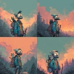 **<https://s.mj.run/RTecCqauTFQ> Reimagine this clean cartoon illustration in a painterly, atmospheric style. Use muted earthy tones blended with halloween colored pastels, textured brush strokes, and hazy gradients in the sky. Hiking through the forest with his cat. In the Pacific Northwest near the mountains during blue hour. Apply loose, expressive linework with subtle shading, crosshatching, and worn textures. Add depth and warmth through cinematic lighting and moody color grading. Expressions should remain exaggerated yet nuanced, balancing humor and melancholy within an atmospheric, storybook-like setting. Color Palette: 20% pastel periwinkle 40% pastel cotton candy 20% pastel sekura pink 10% pastel celadon 10% pastel black** - Variations (Strong) by <@757787837981786134> (fast)