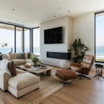 **ultra-realistic photograph of a coastal modern open floor plan living room in Manhattan Beach, California, warm oak wide plank hardwood floors, large black-framed windows with panoramic ocean and beach view, Restoration Hardware modern-inspired neutral palette, plush L-shaped sectional rotated so one side faces the ocean and the other faces a sleek TV above a limestone fireplace, layered grass cloth and Persian area rug, stone coffee table, leather lounge chair, wood rectangle couch table with lamp and fresh flowers and books on top, textured throw pillows, soft ambient natural daylight, sculptural chandelier, layered organic textures, styled for a luxury interior design Instagram post, straight-on wide-angle lens, full view of space including ocean view and TV wall, photorealistic details, depth, natural shadows --v 6.0 --raw --ar 13:10** - Image #1 <@1009372234609074247>
