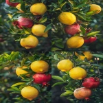 **Ultra realistic DSLR close-up photograph of a lemon tree branch with glossy elongated green leaves and whole bright yellow lemons, growing closely beside a pomegranate tree branch with dark green narrow leaves and several whole round red pomegranates with crown-like calyx tips, both fruits naturally overlapping in the same frame as if the trees grew side by side, natural outdoor lighting, soft golden hour sunlight, organic fruit textures with natural imperfections, hyper-detailed, 8k --ar 2:3 --v 6.0 --raw** - Variations (Strong) by <@1068890344428675213> (fast)
