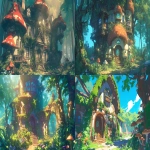 **Pop style, realistic, deformed, hidden mansion in the forest, mushroom-covered, ivy-covered, forest mansion, comical, deformed, pop, scenery --ar 16:9 --niji 6** - <@915835811092656128> (fast)