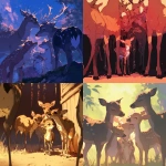 **a group of deer standing close together in unity where one small and sad fawn stands outside the group , anime style, --niji 6** - <@1218470517921546252> (fast)