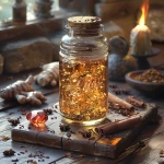 **A mason jar glass bottle of herbal oil sits on a wooden altar surrounded by cinnamon sticks, ginger root, and cloves. A small carnelian crystal glows warmly beside it. Behind the scene, a steady hearth fire burns, casting golden light across stone walls and earthy textures. The atmosphere feels ancient, sacred, and alive with Earth wisdom, symbolizing discipline and devotion. Highly detailed, warm golden-orange tones, cinematic lighting. --v 6.0 --s 750** - Image #3 <@1090630909448949831>