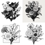 **illustrative bouquet of flowers featuring violet (February), marigold (October), daisy (April), and lily of the valley (May), arranged together in a balanced composition, black and white vector line art, no shading, no cross hatching, bold clean outlines, detailed petals and stems, symmetrical floral engraving style, perfect for leather engraving, high contrast, centered design, plain background, vintage botanical engraving aesthetic** - <@997745600730763295> (fast)
