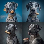 **Female great dane, with blue merle coat. Hyper realistic, holding a hotdog with her paws wearing a diamond chain around her neck that spells out "Izzie" make her outside too, full body shot** - <@1144379410347204758> (fast)