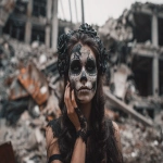 **Woman with skull make up standing over destroyed building in city with debris and collapsing, Ghost city, Halloween mystery concept, --ar 3:2** - Image #3 <@1101345517448986756>