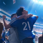 **Young Japanese male soccer player celebrating after scoring, plain solid blue jersey with no logos or brands, only a white back number, hugging teammates, modern stadium full of cheering fans, bright lights, sweat and determination on faces, cinematic atmosphere, realistic style, wide shot, no goalposts --niji 6** - Image #3 <@1212945075831836692>
