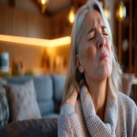 **a cool elegant middle age female school teacher is showing pain in her face . Her eyes are shut and she is sitti,g on her sofa at home. The living room is modern and is warmly lit . 40 mm, realism image, A hyper-realistic, highly detailed daytime scene, atmospheric lighting, volumetric lighting, rich in detail, Leica Q2, photography, high quality, --no blurry, low resolution, cartoonish, unrealistic reflections, distorted, low-poly, washed-out colors, artifacts, overexposed, watermark, --ar 16:9 --v 6.0** - Image #1 <@1088739679458824253>