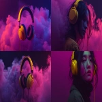 **make a cover, leave space for text on the left, dark smoke and empty purple space on the left, make the left space dark, neon yellow headphones hanging on microphone, black background, purple-yellow style, hyperrealism style, minimalism --ar 7:4 --s 250 --raw** - Remix (Strong) by <@1189578992479633449> (fast)