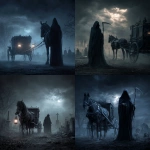 **a realistic grim reaper , standing in a dark gloomy cemetery , in front of a horse an carriage --v 7.0** - <@1139790958398025738> (fast)
