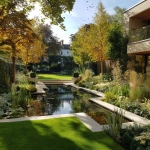 **high quality contemporary garden in London, water feature, green walls, mature trees in autumn, beautiful lawn, sunny day, birds in the sky --v 7.0** - Image #2 <@1013385397600002048>