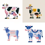 **highly stylized vector illustration of a cow with exaggerated and disproportionate body parts thick legs, small head, large udder, abstract shape. Playful and surreal design, inspired by naive art and folk patterns. Flat colors, bold outlines, decorative repeating motifs on the body. Simplified geometry, minimal background, white backdrop. --v 7.0 --p xjpwkw8 --raw** - <@1131234128856096839> (fast, stealth)
