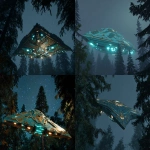 **A sleek, futuristic UFO hovers silently above a dark forest, its golden, angular hull adorned with intricate geometric patterns that catch the faint starlight. Glowing teal panels and light strips illuminate sections of the craft, casting an otherworldly hue onto the surrounding treetops. The design is both aerodynamic and ornate, suggesting advanced engineering fused with an artistic or ceremonial aesthetic. Above, the starry night sky stretches infinitely, while below, the dense silhouette of coniferous trees frames the scene, emphasizing the ship’s alien presence in an otherwise tranquil wilderness. The overall mood feels tense yet awe-inspiring, as though a moment of first contact is unfolding in secret. utopian toast --ar 3:2 --v 7.0** - <@106534493057220608> (relaxed, stealth)