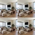 **ultra-realistic photograph of a coastal modern open floor plan living room in Manhattan Beach, California, warm oak wide plank hardwood floors, large black-framed windows with panoramic ocean and beach view, Restoration Hardware modern-inspired neutral palette, plush L-shaped sectional rotated so one side faces the ocean and the other faces a sleek TV above a limestone fireplace, layered grass cloth and Persian area rug, stone coffee table, leather lounge chair, wood rectangle couch table with lamp and fresh flowers and books on top, textured throw pillows, soft ambient natural daylight, sculptural chandelier, layered organic textures, styled for a luxury interior design Instagram post, straight-on wide-angle lens, full view of space including ocean view and TV wall, center fireplace, angle chair and ottoman towards tv, remove table next to chair, photorealistic details, depth, natural shadows --v 6.0 --raw --ar 13:10** - Variations (Region) by <@1339375378858381312> (fast)