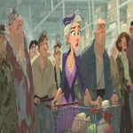 **a wealthy well dressed woman shopper pushing a cart in Costco, surrounded by men and women in dirty and worn clothing, style of Pixar animation, --ar 5:3** - Image #2 <@1062998643696750602>
