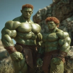 **Realistic 3d rendering. Full body portrait of two characters. ruggedly handsome, Hyper muscular handsome twin green skinned orcs, bright silver eyes, short curly redred hair, short pointed ears, defined muscles, pronounced features, hyper muscular, wide Grecian nose, strong square jaw, defined cheek bones, masculine features, freckles. Bodybuilder. wearing a tight short leather skirt. His oiled skin glistens under intense studio lighting. A strong camera flash highlights the shine on his muscles, creating bright reflections on his body, arms, and thighs. Retro fitness photography style, slightly exaggerated lighting contrast, 90s magazine aesthetic, center-framed, studio portrait shot. Standing and posing in a sunny rocky field. --ar 5:6** - Image #3 <@1222981214734913607>
