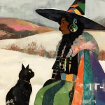 **Warrior witch thundersnowpunk with long braids and stylized warrior witch’s hat and cat companion in the snow --sref 1999999999 1999999991 416557976 2252558232 698008135 1078492728 2187294478 217414415 416417418 7337 80085 696969 47 73 97 100 --sv 4 --niji 6 --p grjlt42 --raw** - Image #1 <@948741381743083580>