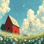 **A skeletal figure with long arms is plowing the field, next to it stands an old red barn. A profusion of white flowers grow on top and around the barn, while birds fly in the bright, cartoon-style sky. This is a gouache illustration, in the style of ArtStation. --ar 91:55** - Image #2 <@264129597782753313>