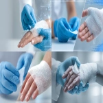 **an advertising banner featuring the hands of a young doctor in blue gloves, applying gauze to a patient's hand with a white bandage on it, all set against a light background. the left side is slightly blurred for text or product placement, while the right half features a hyper-realistic rendering of skin and fabric textures. this scene conveys both medical care aesthetics and technological innovation. it can be used as ad art for health themes or promotional materials. --ar 32:17** - <@1329364848194097226> (fast)