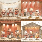 **children's book illustration of a band playing under the lights on a stage. The band consists of a blonde girl with a microphone, a brunette boy with a microphone, a cute pig who is playing a drum set, a cute chicken who is playing the guitar and another cute chicken who is playing another guitar and wearing sunglasses. --sref 839 --v 6.1 --s 250** - <@1097991841179254824> (fast)