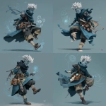 **fantasy art style. young air genasi misty stepping. He is a cleric with black hole iconography. he has bits of rogue gear mixed into his robes, such as a leather pauldron** - Variations (Strong) by <@784252075265490974> (fast)