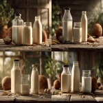 **Photorealistic still life of three different plant-based milk containers side by side on a rustic wooden table. First: a classic half-gallon square glass milk jug with black cap, thick clear glass, and creamy milk inside (similar to traditional dairy bottles). Second: a simple mason jar filled with milk. Third: a lightweight PET squared plastic bottle, also filled with milk. Around the vessels are scattered coconuts, sprouted oats, and hemp seeds to represent the milk sources. Gentle morning light streams across the table, warm and natural, evoking sustainability, affordability, and ritual. Cinematic food photography style, rustic farm-to-table aesthetic, premium detail --ar 3:2 --raw** - Remix (Strong) by <@1235122149799231491> (fast)
-# Create, explore, and organize on [midjourney.com](<https://midjourney.com/imagine?from_discord=1>)