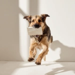 **A scrappy, medium-sized mixed-breed dog dashes through a professional photography studio, solid cream background, clutching a white Moleskine notebook in its mouth. The camera follows in a dynamic tracking shot at low angle, emphasizing the dog’s swift movement and determination. Bright lighting, soft shadows, casting warm highlights on the scene. Happy mood, occasional barking, footsteps echoing faintly. Style is clean and minimalist, capturing spontaneous life. No humans visible. Cinematic, no subtitles. --s 50 --raw** - Image #3 <@1041542379544526880>