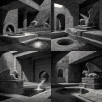 **dnd; b&w woodcut in the style of albrect durer; stone egyptian temple room; a large winged sphinx lies on a platform against the far wall; a round well in the center of the room overflows with water; water flows away from the well in a trough in the floor** - Variations (Strong) by <@771747841559232613> (fast)