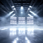 **futuristic sports arena interior, glowing with black, silver and white lights, holographic LED panels stretching across the back wall, fractured ice shard textures embedded in the walls, metallic beams and chrome accents, spotlights shining through thick volumetric fog and icy haze, glossy frozen ice floor with prism reflections and frosty cracks, symmetrical wide cinematic perspective, crisp linear lights adding depth, legendary and immersive high-tech atmosphere, perfect for hockey trading card background --ar 2:3 --q 2 --v 6.1 --raw** - Image #1 <@1007029574430892245>